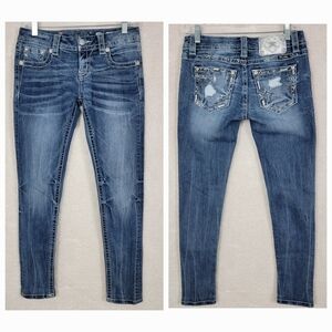 Miss Me Signature Skinny Bling Distressed Pockets Low Rise Denim Blue Jean Sz 27